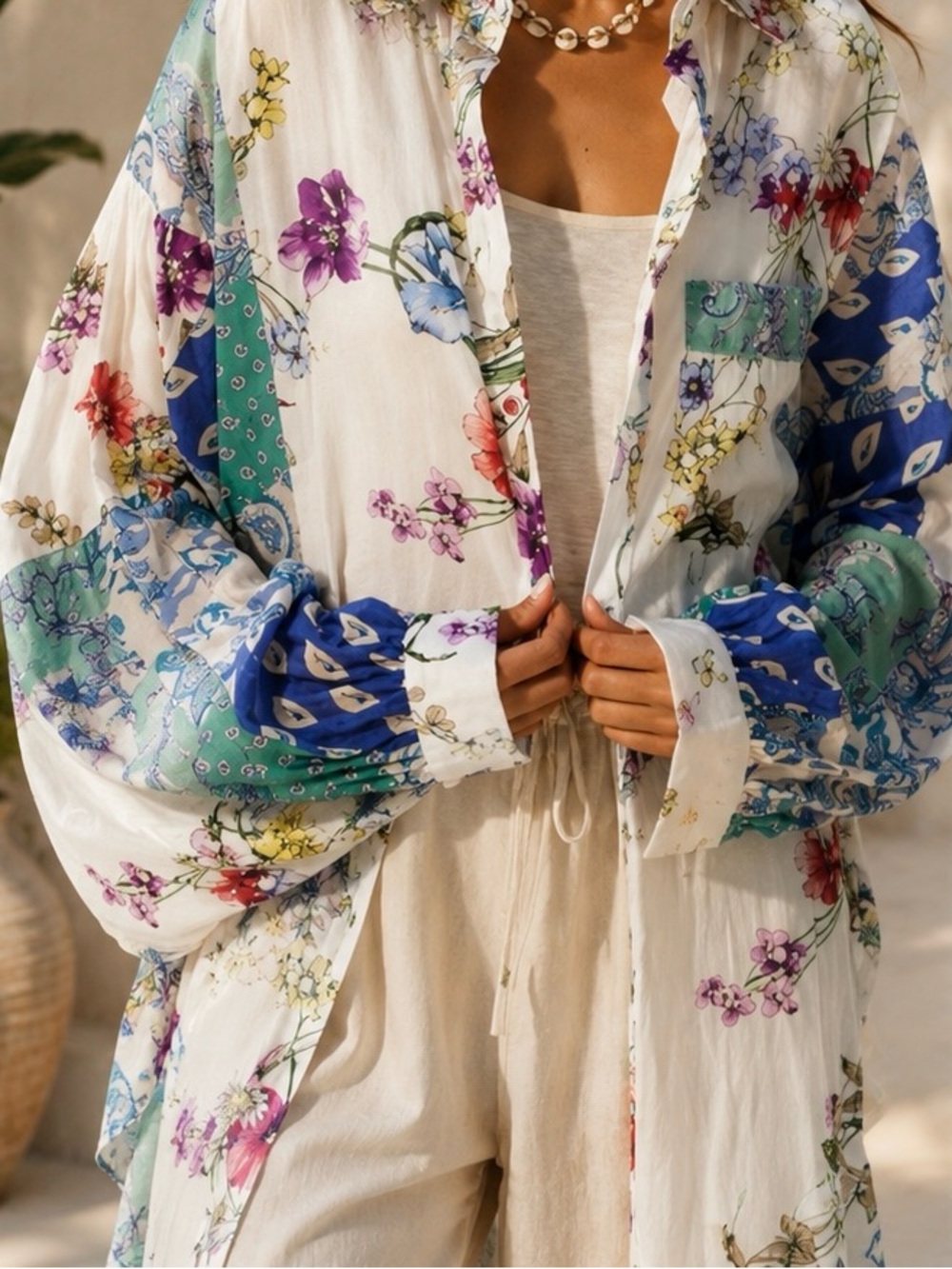 POL Boho Floral Patchwork Button Down Shirt White with Blue & Green Accents - Picture 6 of 6